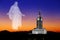 Pocatello Idaho LDS Mormon Temple with Lights at Sunset and Jesus Looking with Arms Out