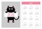 Pocket calendar 2018 year. Week starts Sunday. Black funny cat hanging on paper board. Kitten body with paw print, tail. Cute cart