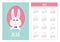 Pocket calendar 2018 year. Week starts Sunday. Happy Easter. Smiling bunny rabbit hare inside painted egg frame window. Bow tie ac