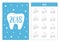 Pocket calendar 2018 year. Week starts Sunday. Healthy tooth icon. Oral dental hygiene. Children teeth care. Shining stars effect.