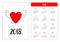 Pocket calendar 2018 year. Week starts Sunday. Red heart