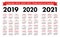 Pocket calendar 2019, 2020, 2021 set. Basic simple template. Week starts on Sunday