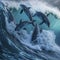 A pod of bottlenose dolphins jumping in the waves