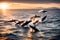 A pod of humpback whales breaching the surface, their colossal forms silhouetted against the backdrop of a radiant setting sun on