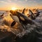 A pod of orcas swimming through open ocean.