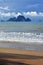 Poda island, Tup island and Chicken island seen from the shady beach of Ao Nang, Thailand