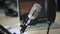 Podcast and broadcast equipment microphone in audio studio Spbd