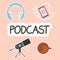 Podcast concept with microphone, smartphone, headphones and coffee icons