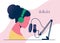 podcast cover design. Flat vector podcast cocept. Girl is talking microphone.