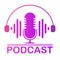 Podcast icon Color studio table is a microphone with sound wave wave symbols. Webcast audio recording concept logo. With