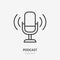 Podcast line icon, vector pictogram of microphone with sound waves. Audio illustration, sign for music studio