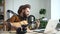Podcast man play guitar and sing, recording song in home studio using microphone. Spbd 30s bearded handsome