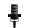 Podcast microphone on a tripod  a black metal dynamic microphone  front view  product photo