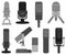 Podcast mircophone icon set. Music studio podcast speaker vector badges collection. Different models such as Rode NT-USB, Blue