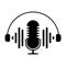 Podcast radio icon illustration. Studio table microphone with broadcast text podcast. Webcast audio record concept logo