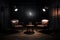 Podcast room interior with two empty chairs and spotlights. Generative AI