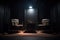 Podcast room interior with two empty chairs and spotlights. Generative AI
