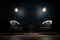 Podcast room interior with two empty chairs and spotlights. Generative AI