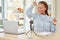 Podcaster, presenter or blogger dancing and having fun to music while recording a podcast talking over a microphone for