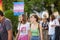 Podgorica, Montenegro - October 8, 2022: View of people column with rainbow flag and banners during the Ten Pride Parade held in