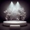 Podium 3d illustration, white stone product stand in dark room 3d rendering, decorative plant leaves on the background