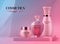 Podium with cosmetics. Realistic 3D pedestal and beauty product for branding. Collection of bottles with perfume and