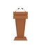 Podium for debate. Rostrum of conference. Wooden pulpit for speech. Tribune with microphone for speaker. Stage and stand. Pedestal