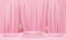 Podium empty with geometric shapes and curtain in pink pastel composition for modern stage display and minimalist mockup ,abstract