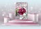 Podium group. Cosmetic display case with red rose. Blue 3D Background. 3D rendering