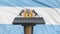 Podium lectern with microphones and Argentina flag in background