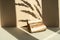Podium made of natural wood material on a natural dry autumn leaf in the shade of a beige background. Cosmetic wooden