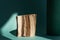 Podium natural wood material on a natural dry autumn leaf in the shade of a green background. Beauty cosmetic wooden