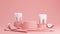 Podium product stand with White teeth, toothbrush and toothpaste tube for product presentation isolated on pink background,