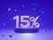 The podium shows up to 15% off discount concept banners, promotional sales, and super shopping offer banners. 3D rendering