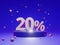 The podium shows up to 20% off discount concept banners, promotional sales, and super shopping offer banners. 3D rendering