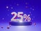 The podium shows up to 25% off discount concept banners, promotional sales, and super shopping offer banners. 3D rendering