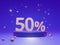 The podium shows up to 50% off discount concept banners, promotional sales, and super shopping offer banners. 3D rendering