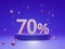 The podium shows up to 70% off discount concept banners, promotional sales, and super shopping offer banners. 3D rendering