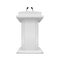 Podium speaker. Debate tribune white stand with microphone front view. Pedestal for lecture, award ceremony, press