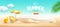 Podium Summer display, pile of sand, flowers, coconut tree on cloud and sand beach background