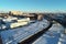 Podolsk cityscape and Locomotive runs on winter sunny morning