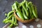 Pods of young green peas in a wooden bowl on a dark background. Green pea. Local products consumption concept. Farm products.