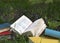 Poem book lying on field with wild flowers