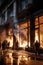 Pogroms and riots in night city. People smash shop windows with firebombs