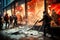 Pogroms and riots in night city. People smash shop windows with firebombs