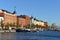 Pohjoisranta embankment and harbor with old yacht and ships. Katajanokka