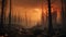 A poignant documentary-style narrative of a wildfire aftermath, charred trees against a smoke-filled sky