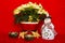 Poinsettia in a Red Basket with Candles and Snowman