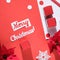 Poinsettia, snowflakes, red white paper confetti. Text Merry Christmas. Top view, monochrome design