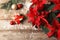 Poinsettia traditional Christmas flower with decor and gift on wooden table